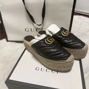 Gucci Black and Gold Platform Mules